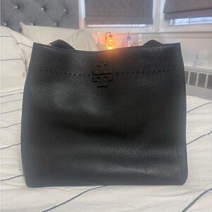Tory Burch McGraw Black Pebbled Leather Tote Magnetic Closure